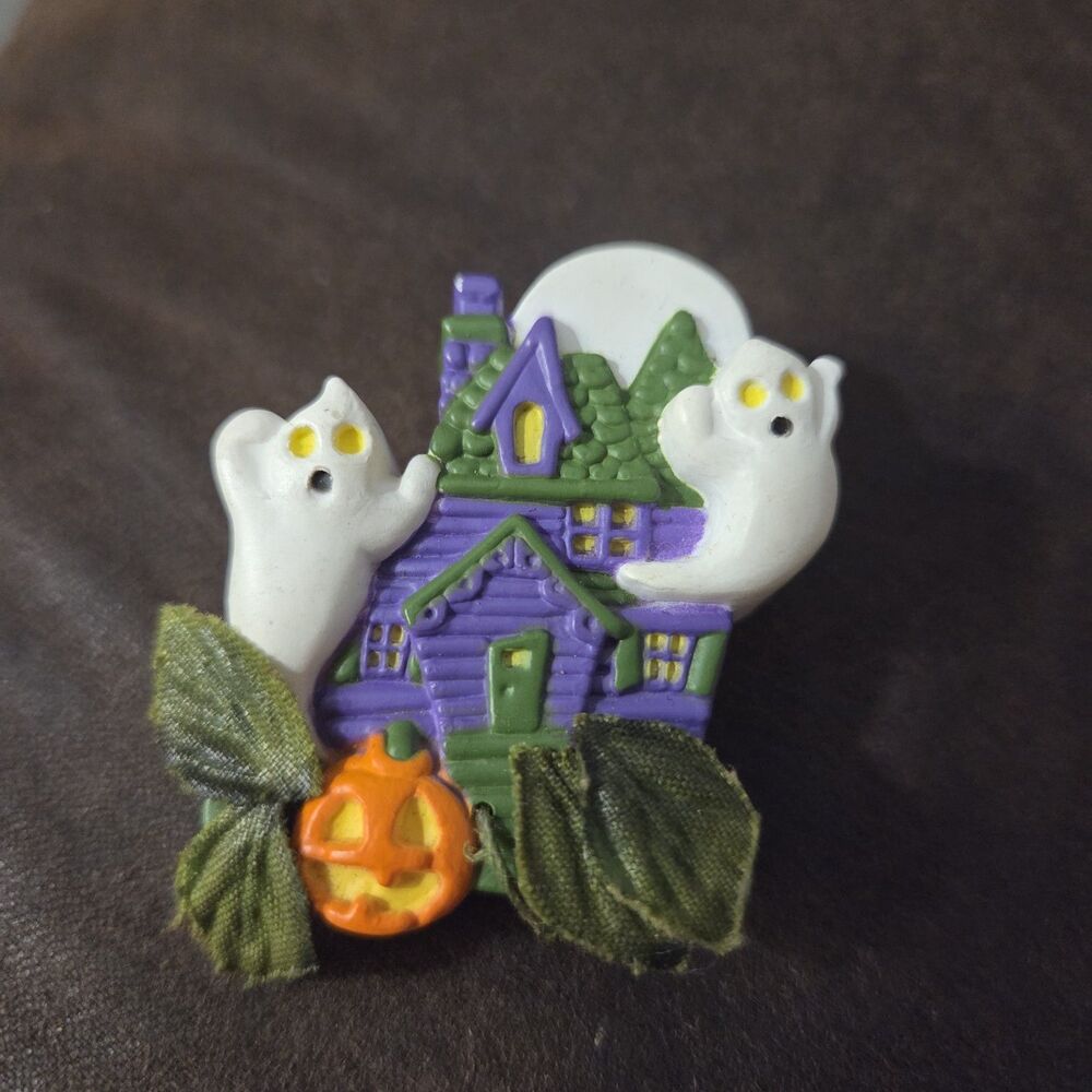 Vintage Halloween Haunted House Ghost Light-Up Brooch Pin Pumpkin Moon Untested